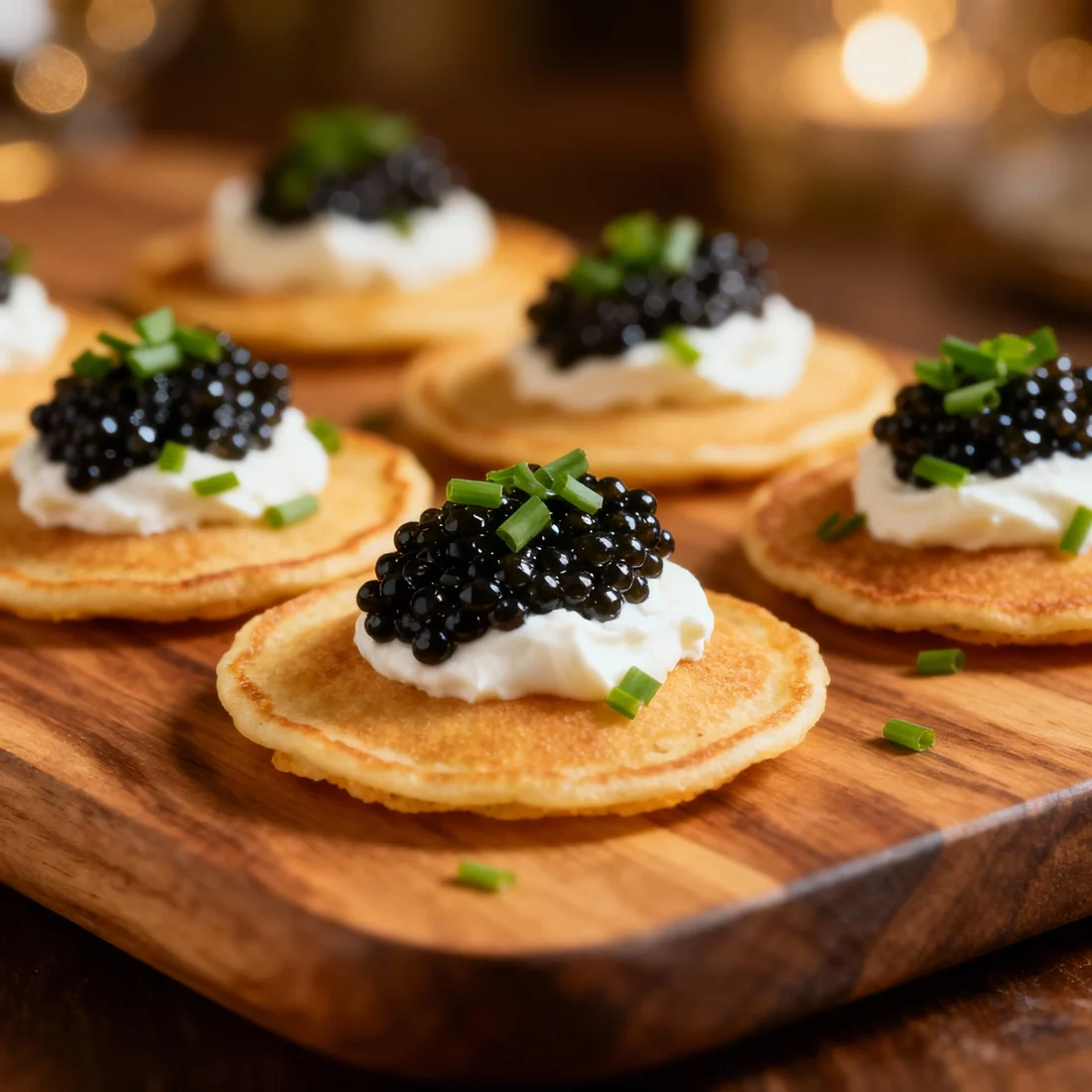 Blinis tièdes, crème fraîche et Baeri