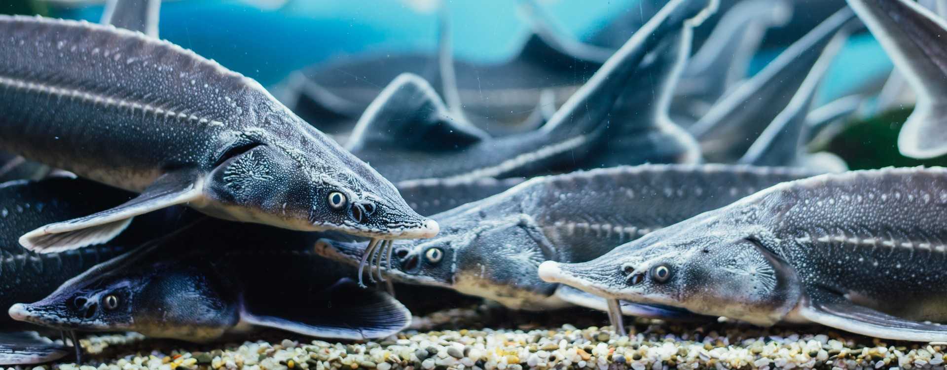 Esturgeons au fond d’un bassin d’élevage